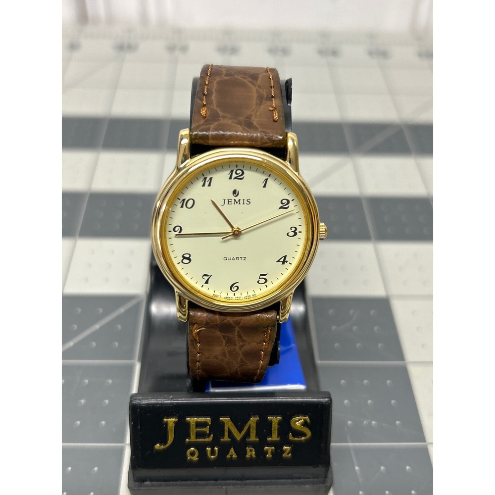 Vtg Jemis‎ Quartz Watch Gold Brown Leather Strap Cream Dial Needs Battery NOS
